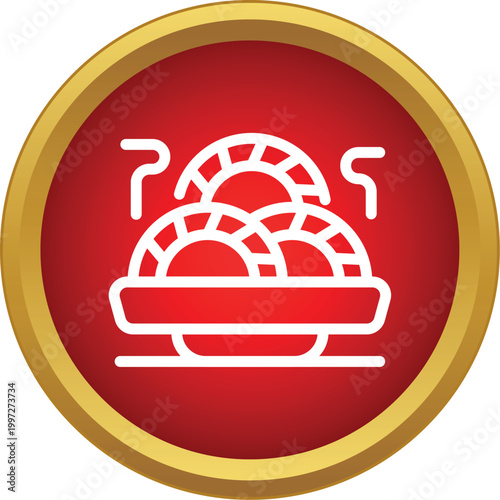 Dumplings served in a red circular dish with steam rising, simple graphic flat vector style