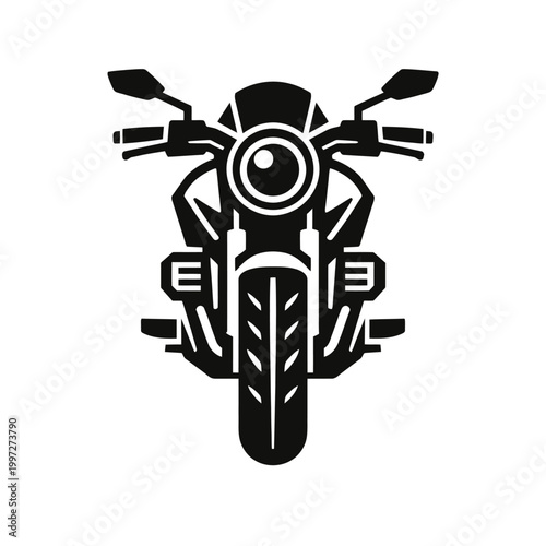 Black silhouette of a motorcycle on a white background, front view, simple design