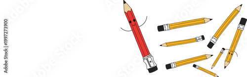 Cute cartoon pencils with faces and different poses vector illustration set, playful school stationery characters for kids design, stickers, education materials and creative artwork