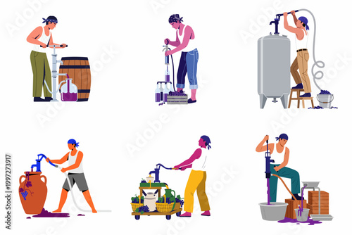 Flat illustrations showing male winemakers using manual pumps to process grapes and bottle wine in traditional and modern winery settings.