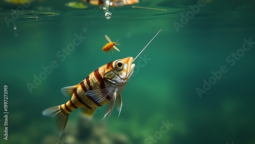 cyclotis. Archerfish aiming at an insect above the water surface. wildlife magazines, conservation campaigns, designed for nature documentaries and education, supports conservation.