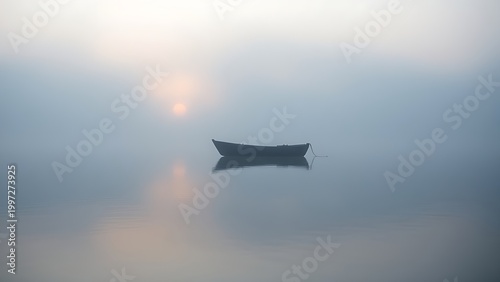 trimaran. A small boat silhouette on a misty lake at dawn with soft light and calm water. travel magazines, destination branding, designed for travel destination branding, inspires travel planning.
