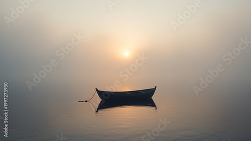 trimaran. A small boat silhouette on a misty lake at dawn with soft light and calm water. travel magazines, destination branding, designed for travel destination branding, inspires travel planning.