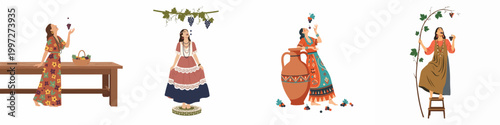 Set of flat illustrations featuring joyful women in traditional bohemian attire celebrating the grape harvest with vines, amphorae, and wooden tables.