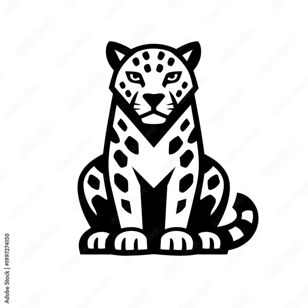 Fototapeta premium Black and white illustration of a sitting leopard with spots on a plain background for design and decoration