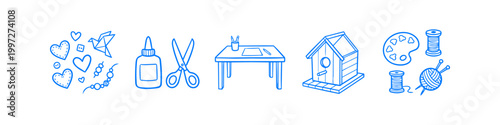 Blue hand-drawn craft and hobby icons featuring scissors, glue, a birdhouse, knitting, and origami. Ideal for DIY projects, workshops, and creative education materials.