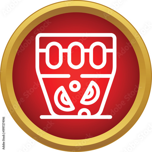 White line drawing of a salad food container with ingredients in a red circle