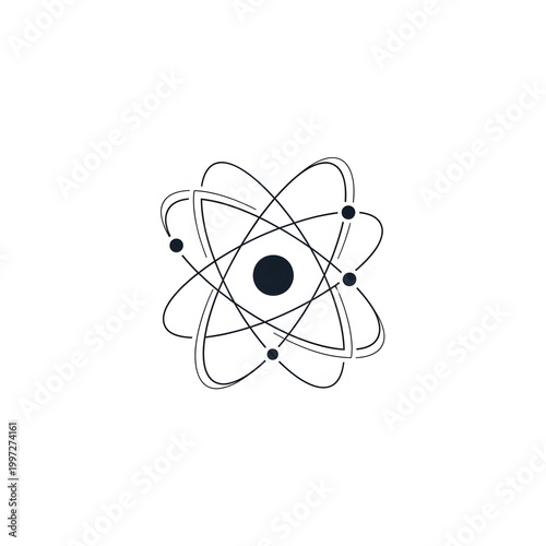 Simple black and white atom illustration.