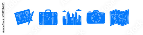 Set of blue hand-drawn travel icons featuring a passport, suitcase, city skyline, camera, and world map. Ideal for tourism concepts, vacation planning, and adventure-themed designs.