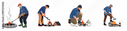 Vector illustrations of men building and tending campfires using various tools like rakes and forks in outdoor or survival settings.