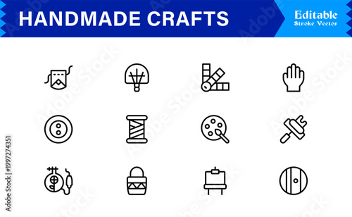 Handmade Crafts and Artisan Goods Professional Line Icon Set – Modern, Minimal, Editable, and Pixel-Perfect Vector Collection