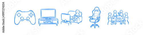 Set of blue hand-drawn line art icons for gaming and board games, featuring a controller, TV, gamer on a couch, gaming chair, and group playing together on a white background.