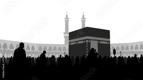 Silhouette of Pilgrims and Mosque Minarets in Mecca