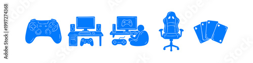Set of blue hand-drawn gaming and entertainment icons featuring a controller, PC setup, gamer, gaming chair, and playing cards on a white background.
