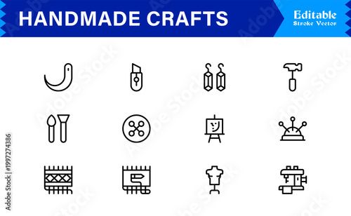Handmade Crafts and Artisan Goods Professional Line Icon Set – Modern, Minimal, Editable, and Pixel-Perfect Vector Collection