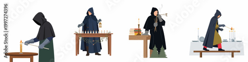 Vector illustration set of hooded mysterious figures performing various ritualistic actions with candles and fire in a flat minimalist style.