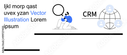 Business strategy, data analysis, CRM, team management, global connections, networking. Person holding magnifying glass, CRM graphic with global users. Data analysis and CRM concept