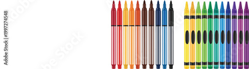 Colorful crayons and marker pens vector illustration set in gradient order, vibrant drawing tools collection for kids art, school supplies, creative projects and educational design