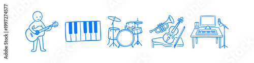 Blue ink doodle collection of musical instruments and recording equipment, featuring a person playing guitar, piano keys, drums, trumpet, violin, and a home studio workstation.