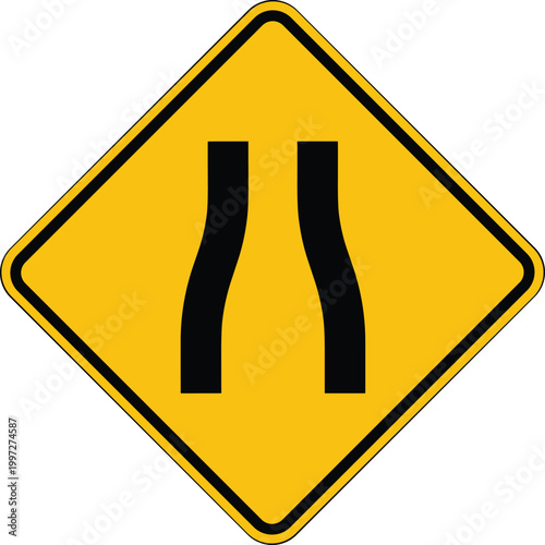 Road Narrows Traffic Warning Sign Yellow Diamond with Black Converging Lanes Symbol Vector Illustration for Highway Safety, Driving Alerts, and Transportation Signage
