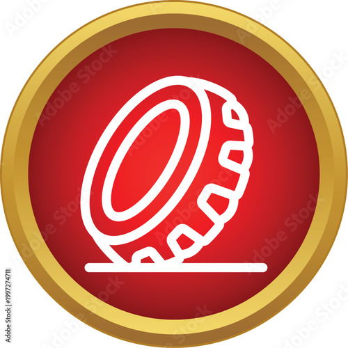Tire icon illustrating car service and vehicle maintenance in a red circle with gold border