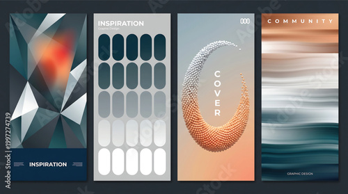 Abstract gradient poster background vector set. Minimalist style cover template with vibrant perspective 3d geometric prism shapes collection. Ideal design for social media, cover, banner, flyer.
