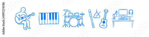Blue hand-drawn doodles of musical instruments and studio equipment, featuring a guitarist, piano, drums, flute, ukulele, and home recording setup. Ideal for music education and production themes.