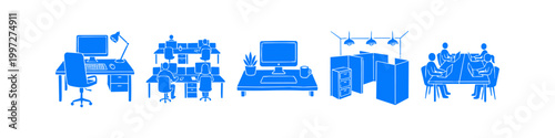 A set of blue, hand-drawn office and workspace illustrations featuring desks, computers, cubicles, and professional team collaboration in shared work environments.