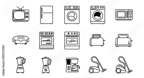 Collection of Hand Drawn Kitchen Appliances and Electronics Icons.
