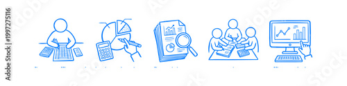 Hand-drawn blue icons set for business, financial analysis, and accounting. Includes people working on data, charts, calculators, and computer screens in a doodle sketch style on white background.