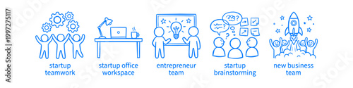 Set of hand-drawn blue doodle icons illustrating startup concepts: teamwork, office workspace, entrepreneur team, brainstorming, and new business launch. Concept of growth and innovation.