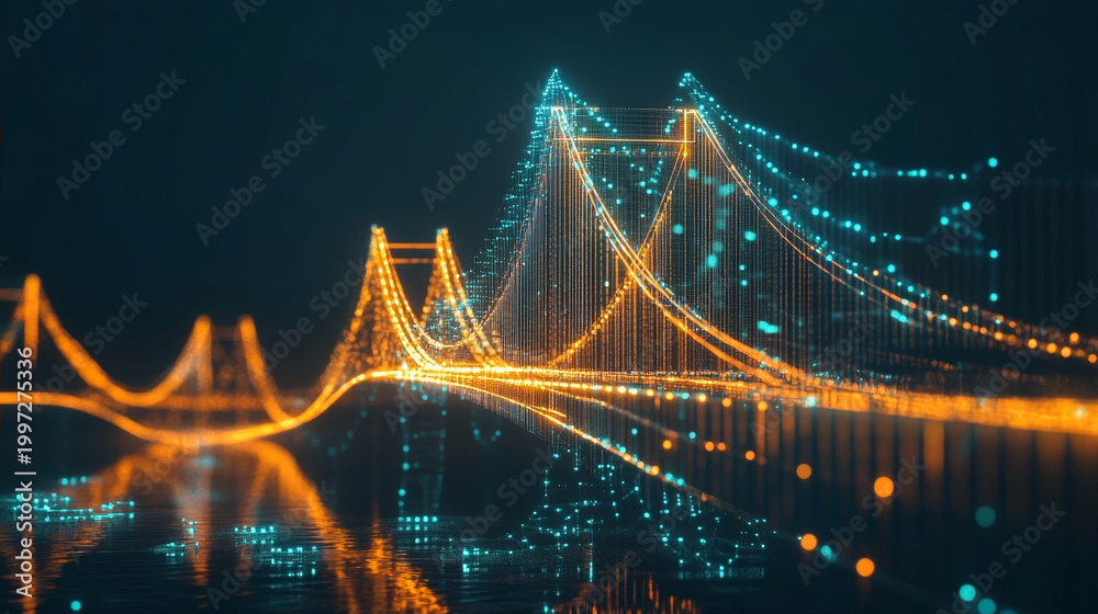 Obraz premium Futuristic suspension bridge made of glowing digital light beams representing smart city infrastructure and high speed global connectivity in a dark cyber environment