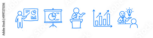 Set of blue hand-drawn business icons featuring presentation charts, a speaker at a podium, financial growth graphs, and a creative idea concept. Minimalist doodle style on white background.