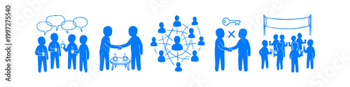 Blue hand-drawn business networking icons collection including people communicating, shaking hands, building a community network, and celebrating at a corporate event. Minimalist doodle style.
