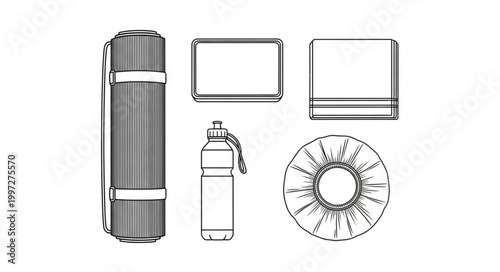 Camping gear illustration including thermos water bottle and plate.