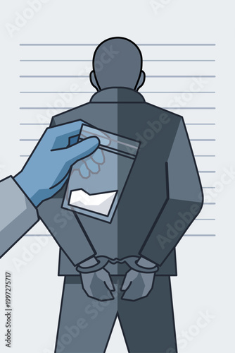Hand holding drug evidence bag behind arrested suspect, narcotics arrest and post arrest detention concept, vector illustration. 