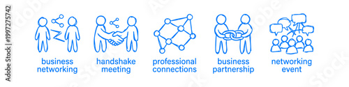 Blue hand-drawn icons for business networking, handshake meetings, professional connections, partnerships, and events. Minimalist doodle style vector set for business collaboration concepts.