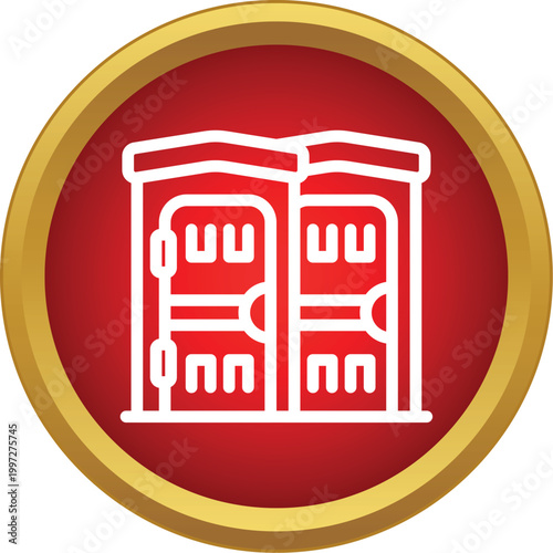 White outline of two portable toilets on a red circle with gold border