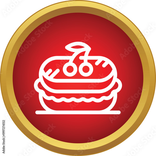 Outlined tart or cake with cherries on a red circular icon