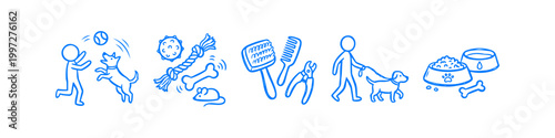 Blue sketchy icons showing dog care routines: playing fetch, toys, grooming tools, walking on a leash, and feeding. Ideal for pet shops, veterinary services, and animal welfare graphics.