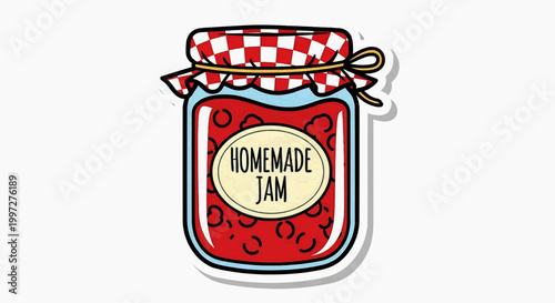 A cartoon illustration of a homemade jam jar with a red and white lid