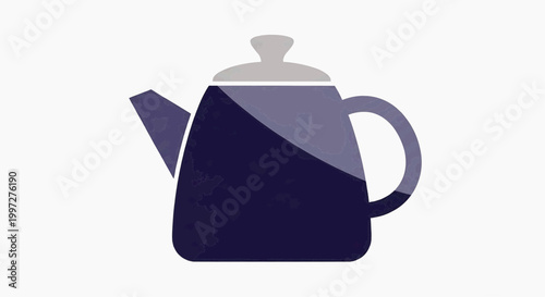 A dark blue teapot with a light purple lid and handle sits on a surface.