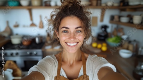 A cheerful woman in casual attire smiles brightly in a beautifully organized kitchen, showcasing her passion for cooking and love for culinary arts and fresh ingredients.