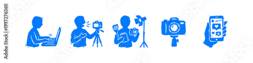 Creative blue hand-drawn icons representing content creation and social media vlogging. Set includes influencer activities, digital tools, cameras, and mobile engagement in a sketchy stamp style.