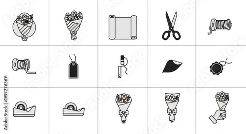 Collection of Hand Drawn Floral Arrangement Tools and Supplies.