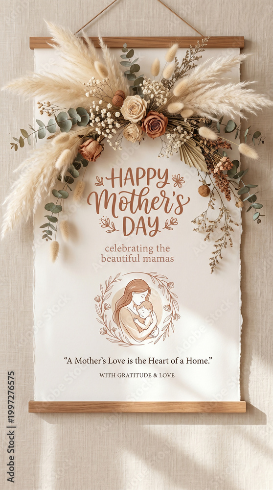 Naklejka premium Happy Mother's Day greeting card on hanging paper scroll with beautiful dried pampas grass and flowers, boho style interior decoration, motherhood celebration, floral wall art with quote.