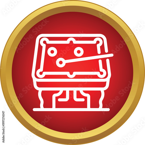 Billiard pool table with cue and balls on a red and gold circular icon