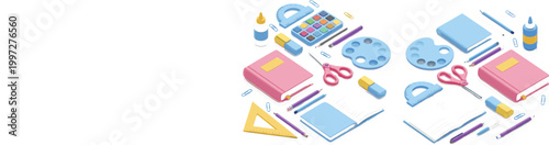 School stationery and art supplies vector illustration set with notebooks, scissors, paints and rulers, colorful education tools collection for classroom design, back to school and creative projects