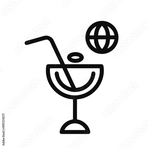 Cocktail glass with global globe icon, travel and vacation beverage symbol for tourism, simple black and white vector design, isolated on white background