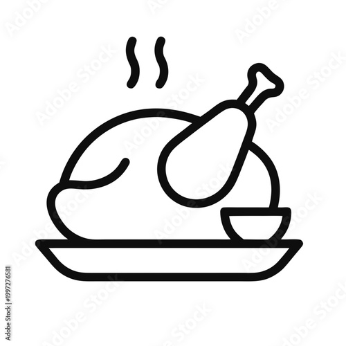 Roasted chicken on a platter with steam, simple line art style icon for food menu or holiday dinner, vector illustration isolated on a white background for design usage